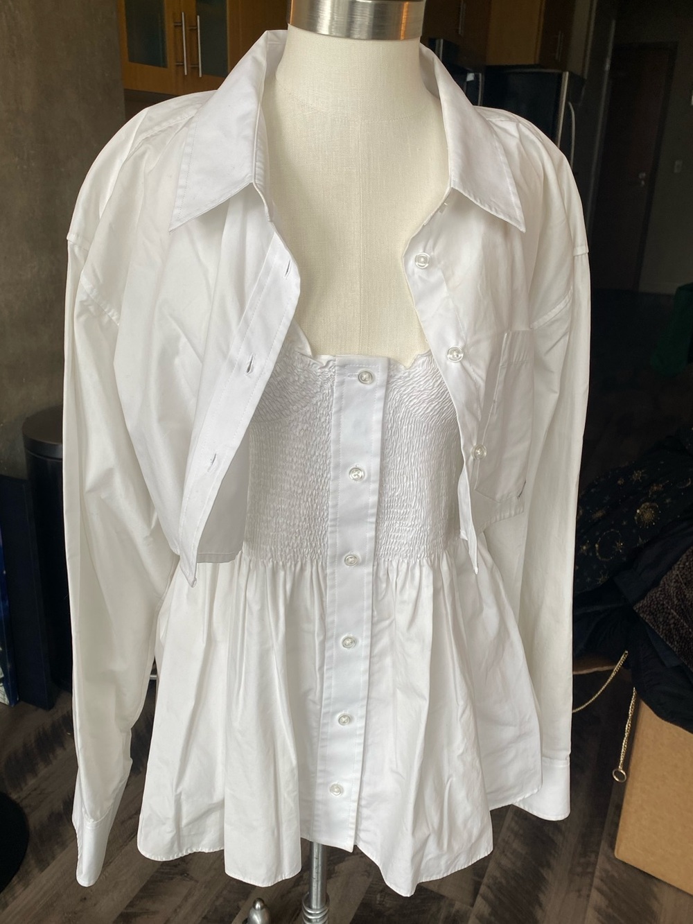 Alexander Wang 2 Piece Woven Button Down Crop with Smocked Tunic